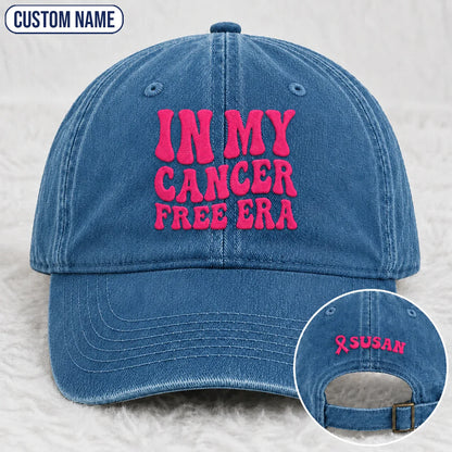 Personalized In My Free Era Pink Ribbon Embroidered Washed Cap, Awareness Gift