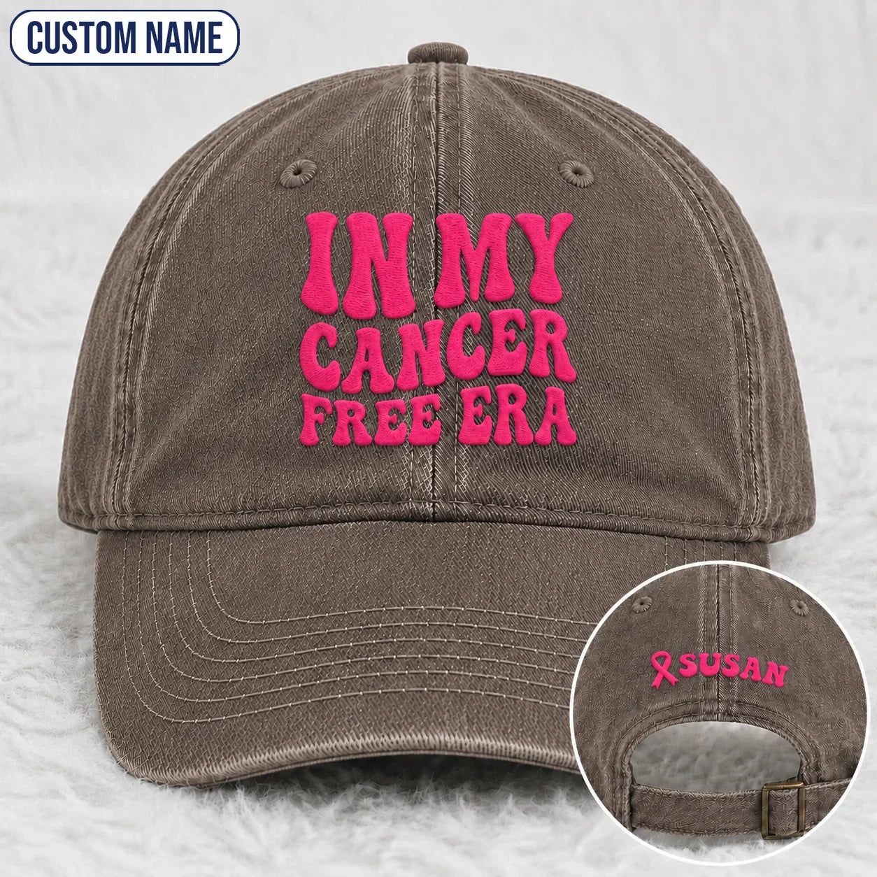 Personalized In My Free Era Pink Ribbon Embroidered Washed Cap, Awareness Gift