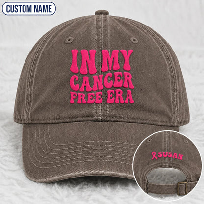 Personalized In My Free Era Pink Ribbon Embroidered Washed Cap, Awareness Gift