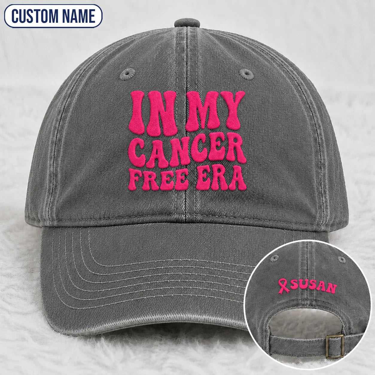 Personalized In My Free Era Pink Ribbon Embroidered Washed Cap, Awareness Gift