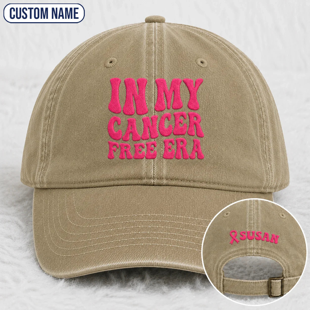 Personalized In My Free Era Pink Ribbon Embroidered Washed Cap, Awareness Gift