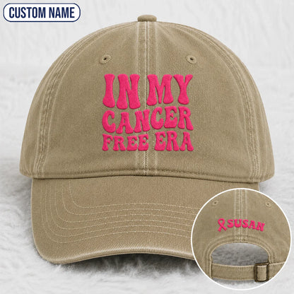 Personalized In My Free Era Pink Ribbon Embroidered Washed Cap, Awareness Gift