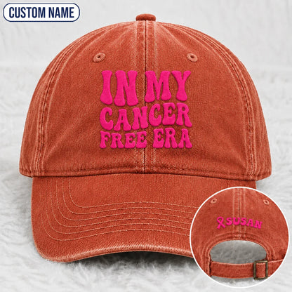 Personalized In My Free Era Pink Ribbon Embroidered Washed Cap, Awareness Gift
