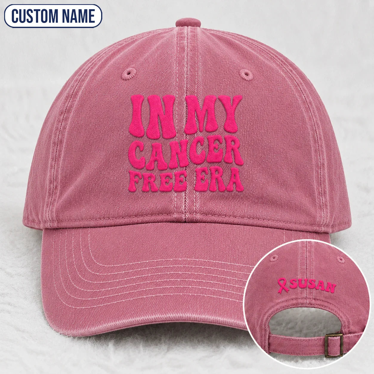 Personalized In My Free Era Pink Ribbon Embroidered Washed Cap, Awareness Gift