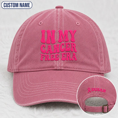Personalized In My Free Era Pink Ribbon Embroidered Washed Cap, Awareness Gift