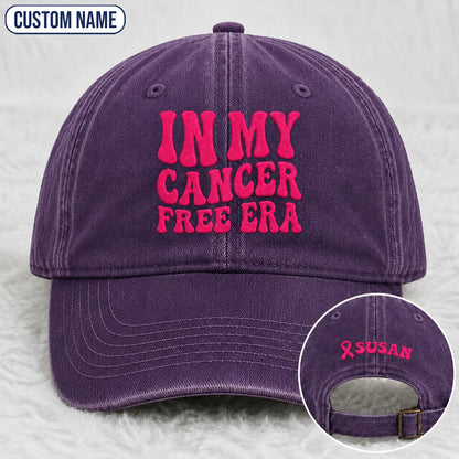 Personalized In My Free Era Pink Ribbon Embroidered Washed Cap, Awareness Gift
