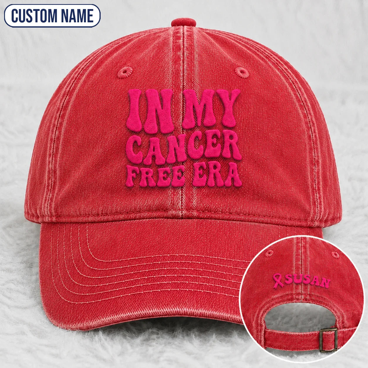 Personalized In My Free Era Pink Ribbon Embroidered Washed Cap, Awareness Gift