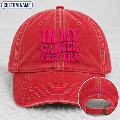Personalized In My Free Era Pink Ribbon Embroidered Washed Cap, Awareness Gift