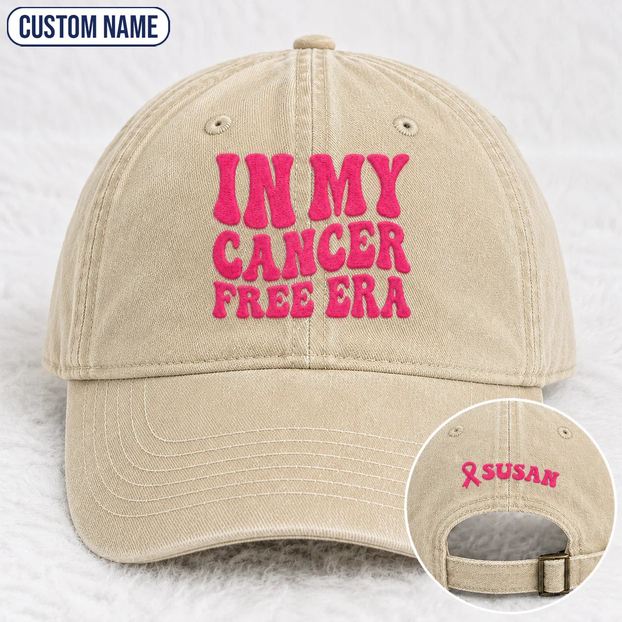 Personalized In My Free Era Pink Ribbon Embroidered Washed Cap, Awareness Gift