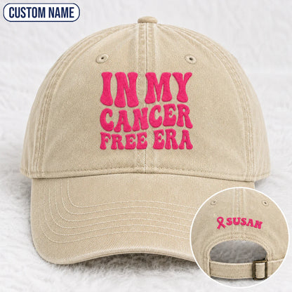 Personalized In My Free Era Pink Ribbon Embroidered Washed Cap, Awareness Gift