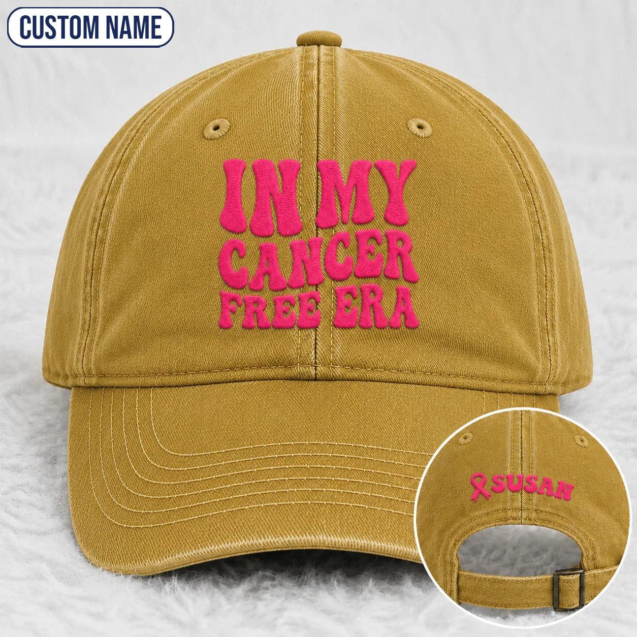 Personalized In My Free Era Pink Ribbon Embroidered Washed Cap, Awareness Gift