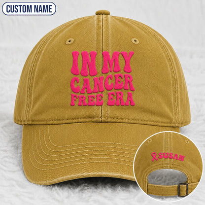 Personalized In My Free Era Pink Ribbon Embroidered Washed Cap, Awareness Gift