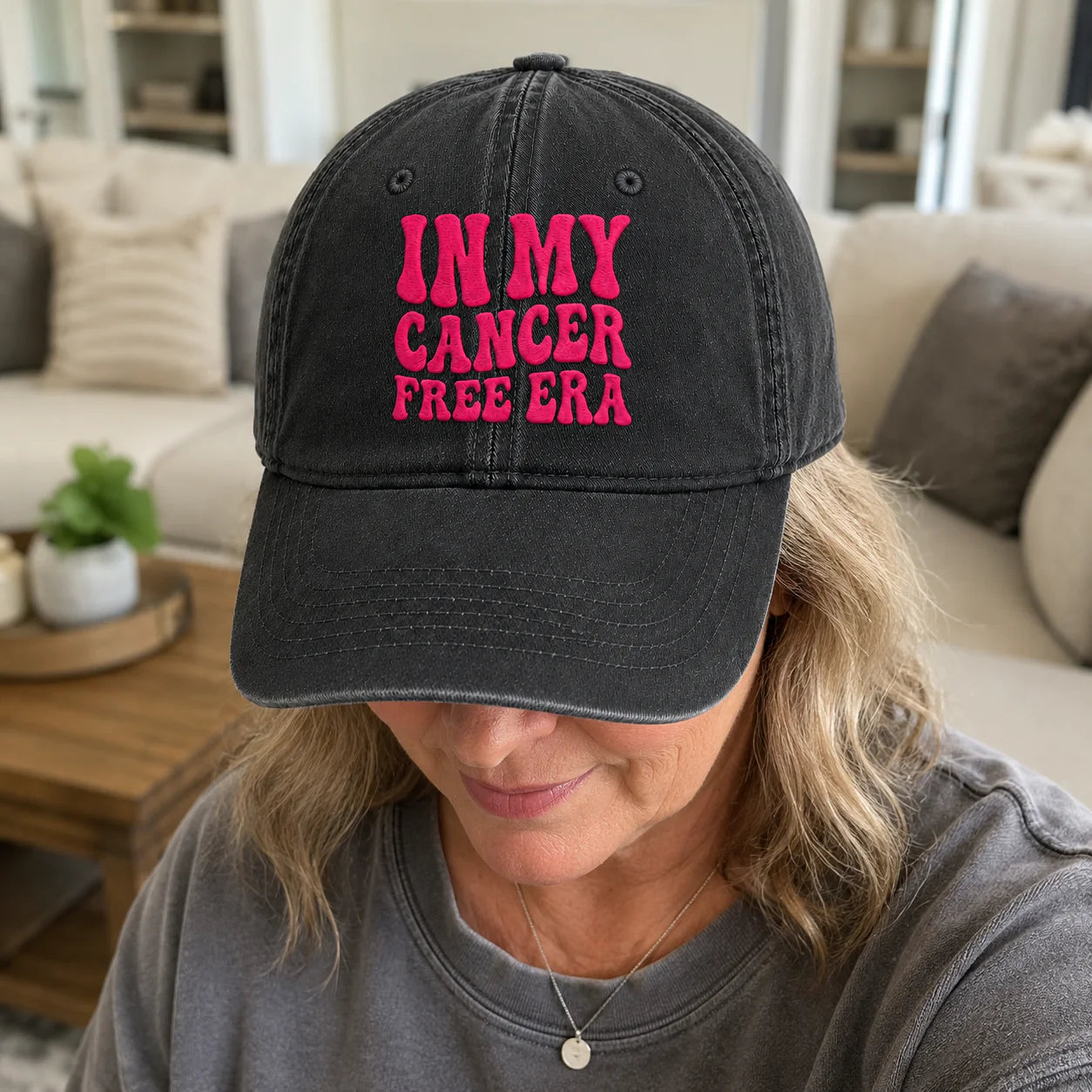 Personalized In My Free Era Pink Ribbon Embroidered Washed Cap, Awareness Gift