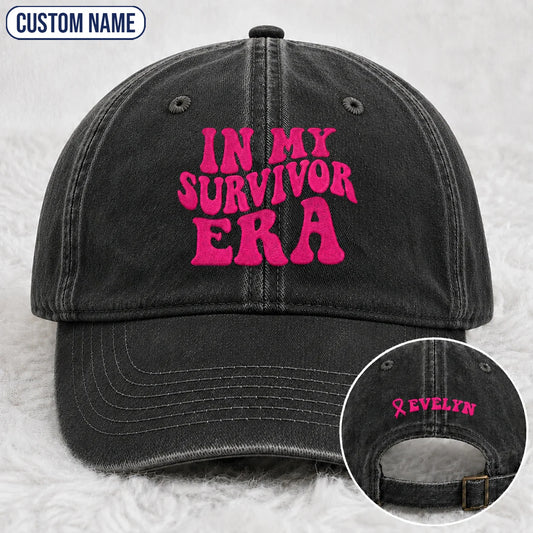 Personalized In My Survivor Era Pink Ribbon Embroidered Washed Cap, Awareness Gift