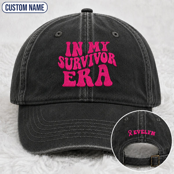 Personalized In My Survivor Era Pink Ribbon Embroidered Washed Cap, Awareness Gift