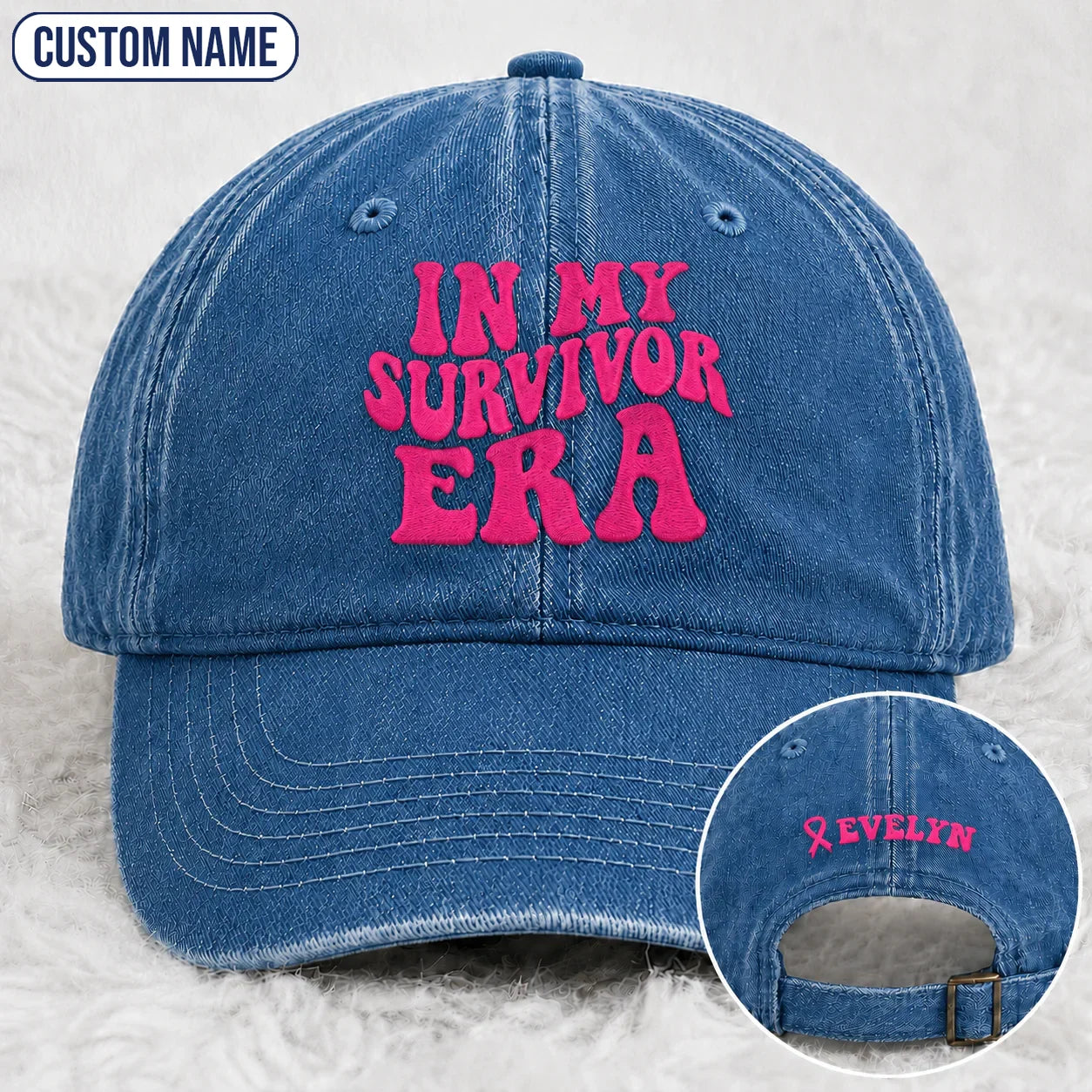Personalized In My Survivor Era Pink Ribbon Embroidered Washed Cap, Awareness Gift