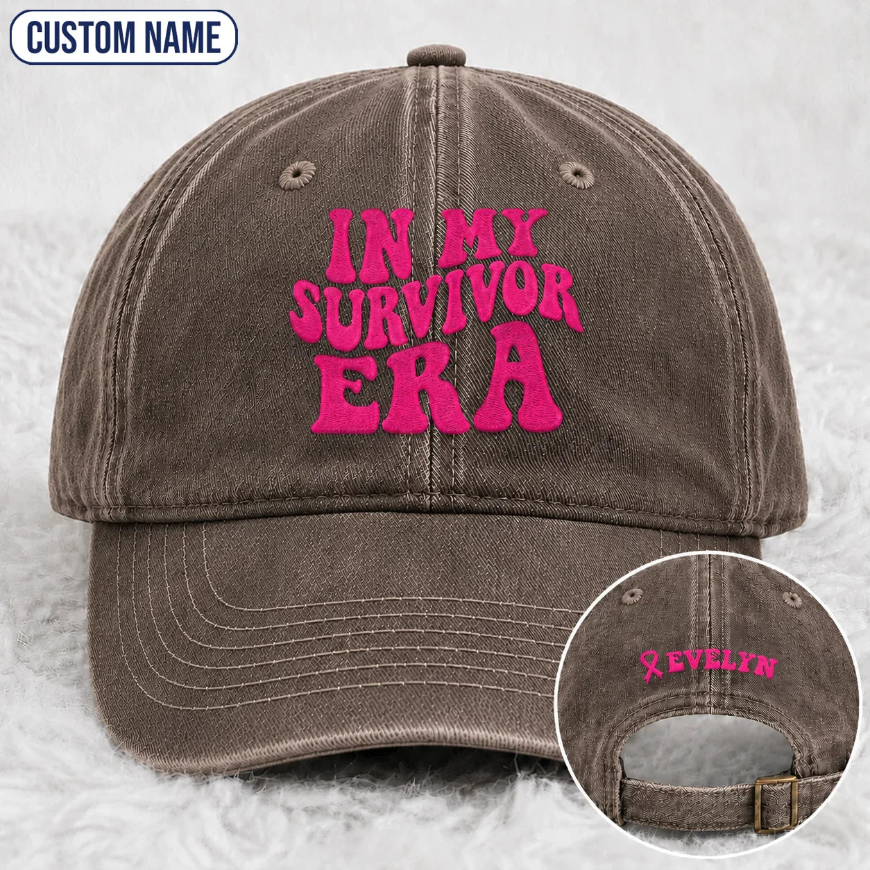 Personalized In My Survivor Era Pink Ribbon Embroidered Washed Cap, Awareness Gift