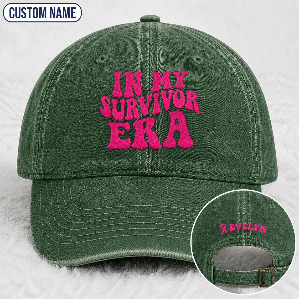Personalized In My Survivor Era Pink Ribbon Embroidered Washed Cap, Awareness Gift