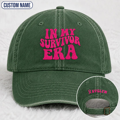 Personalized In My Survivor Era Pink Ribbon Embroidered Washed Cap, Awareness Gift