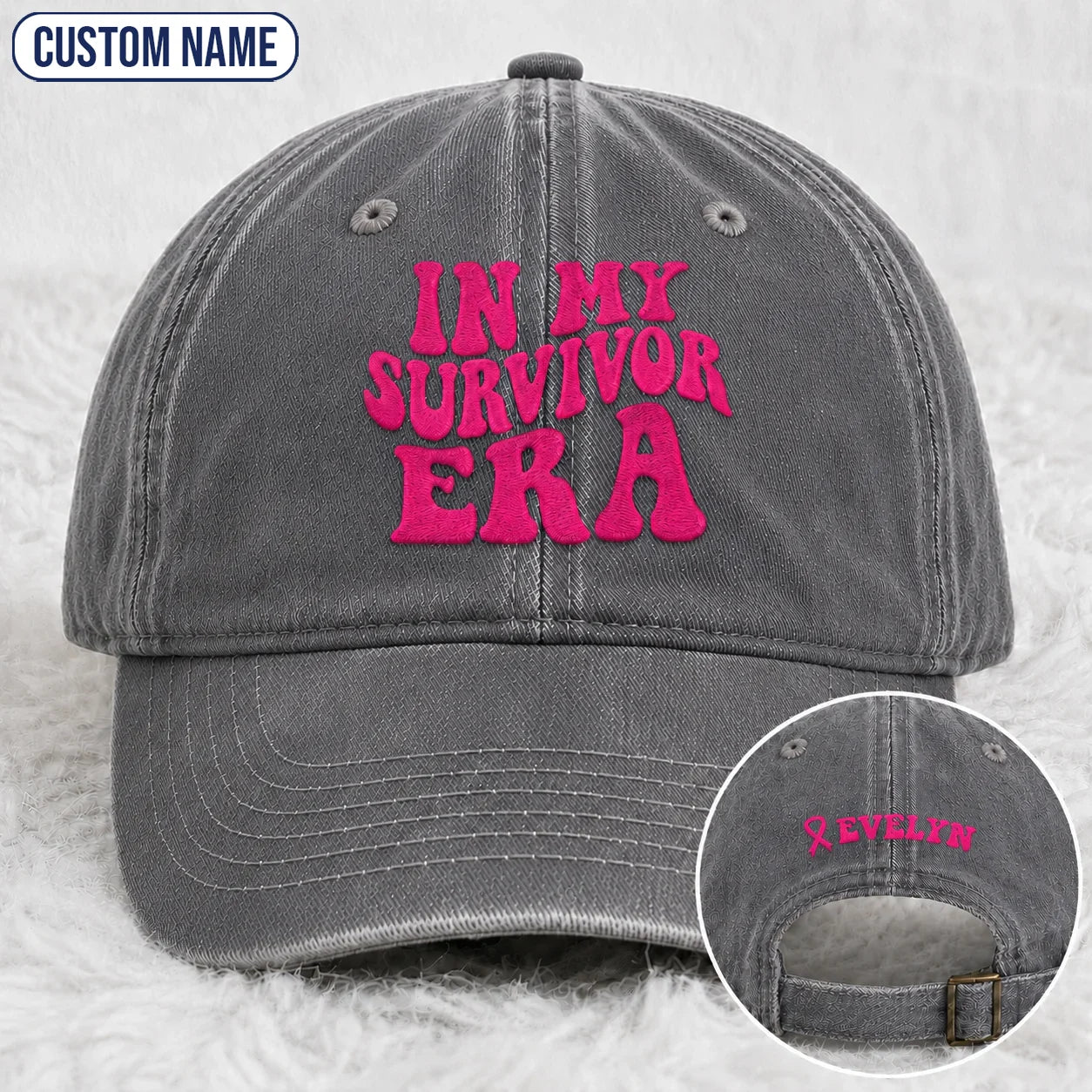 Personalized In My Survivor Era Pink Ribbon Embroidered Washed Cap, Awareness Gift