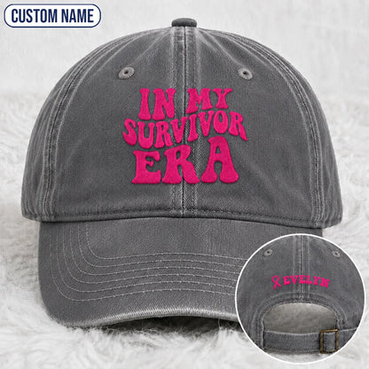 Personalized In My Survivor Era Pink Ribbon Embroidered Washed Cap, Awareness Gift