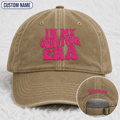 Personalized In My Survivor Era Pink Ribbon Embroidered Washed Cap, Awareness Gift