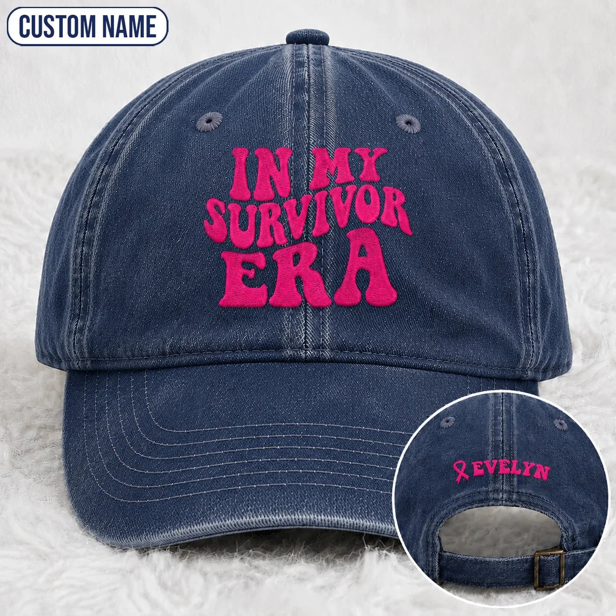 Personalized In My Survivor Era Pink Ribbon Embroidered Washed Cap, Awareness Gift