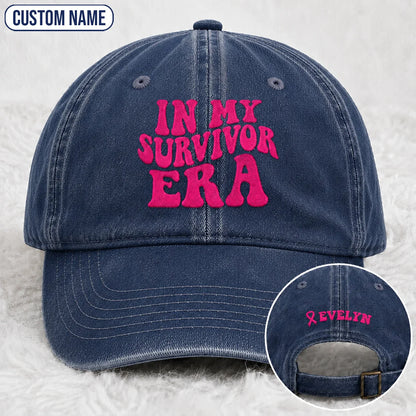 Personalized In My Survivor Era Pink Ribbon Embroidered Washed Cap, Awareness Gift