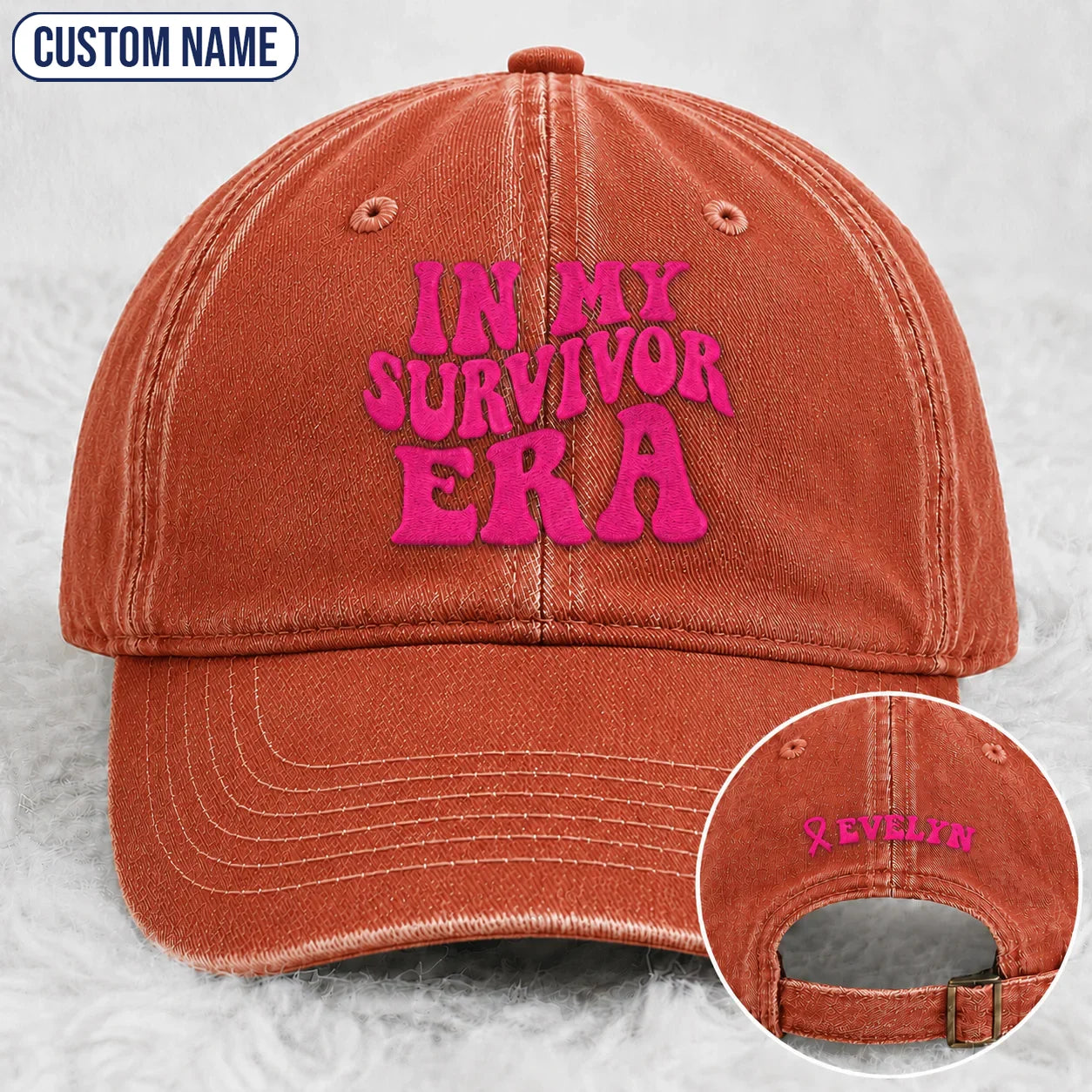 Personalized In My Survivor Era Pink Ribbon Embroidered Washed Cap, Awareness Gift