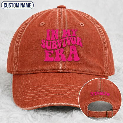 Personalized In My Survivor Era Pink Ribbon Embroidered Washed Cap, Awareness Gift