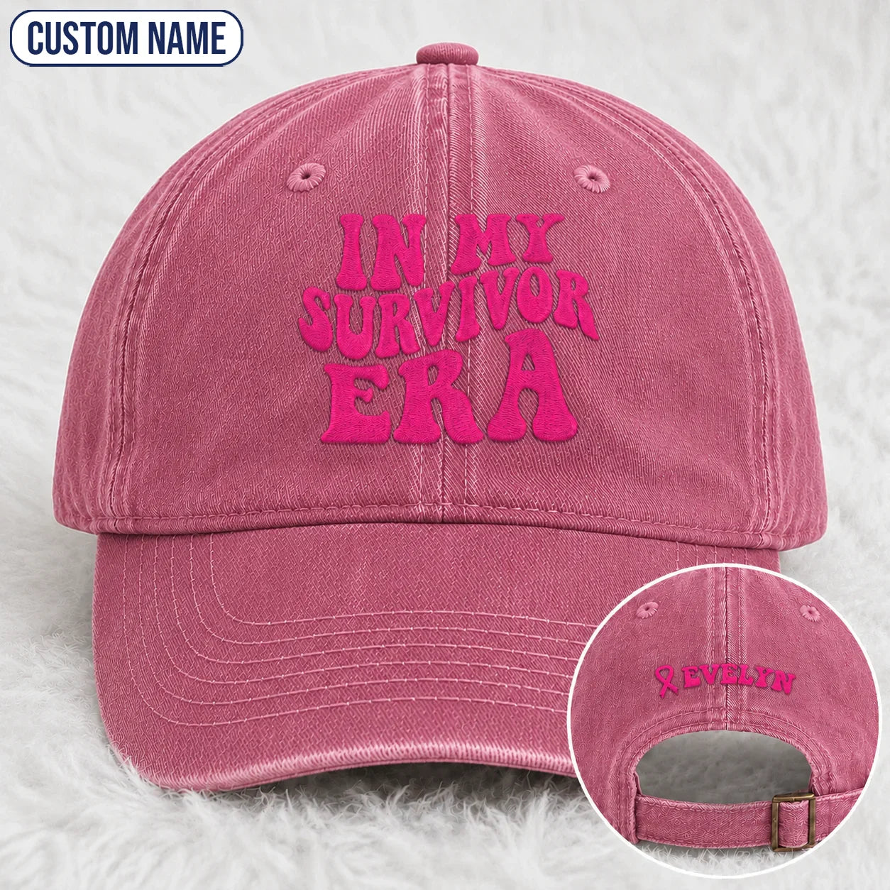 Personalized In My Survivor Era Pink Ribbon Embroidered Washed Cap, Awareness Gift