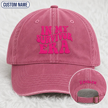 Personalized In My Survivor Era Pink Ribbon Embroidered Washed Cap, Awareness Gift