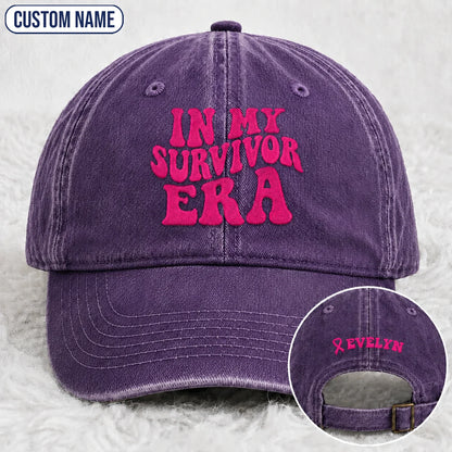 Personalized In My Survivor Era Pink Ribbon Embroidered Washed Cap, Awareness Gift
