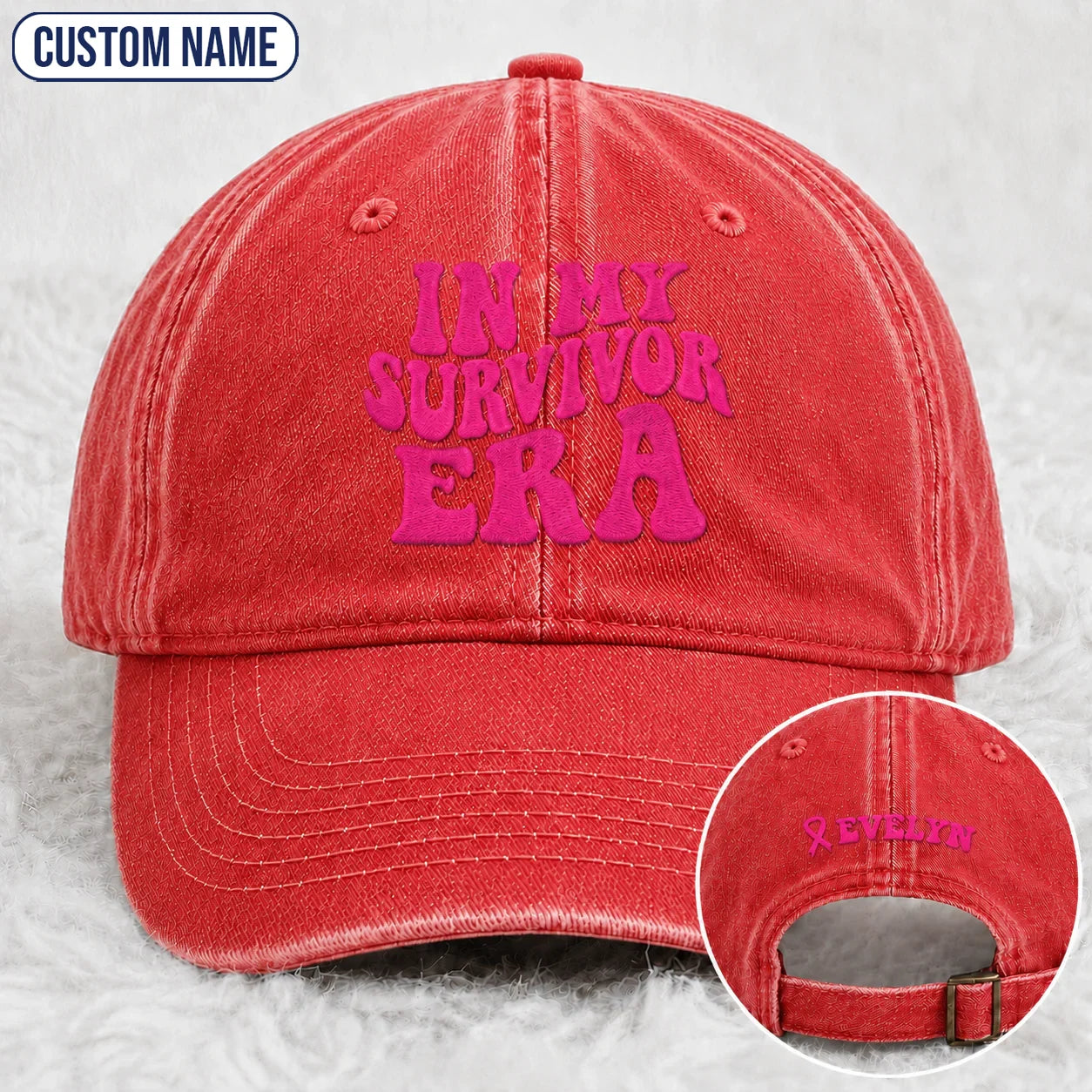 Personalized In My Survivor Era Pink Ribbon Embroidered Washed Cap, Awareness Gift