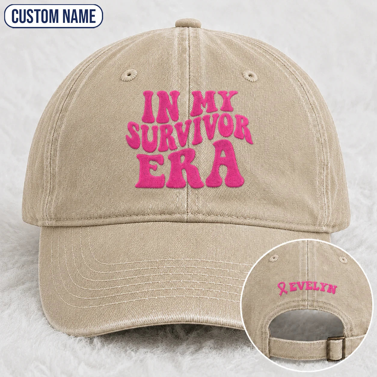 Personalized In My Survivor Era Pink Ribbon Embroidered Washed Cap, Awareness Gift