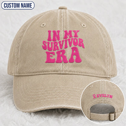 Personalized In My Survivor Era Pink Ribbon Embroidered Washed Cap, Awareness Gift
