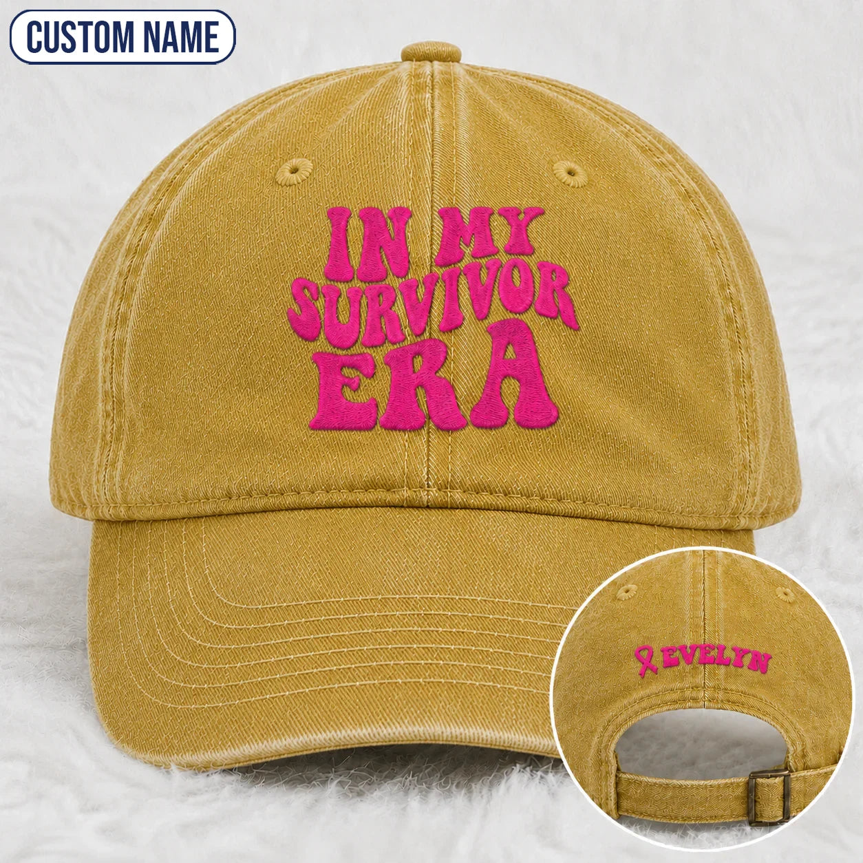 Personalized In My Survivor Era Pink Ribbon Embroidered Washed Cap, Awareness Gift