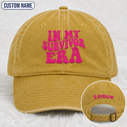 Personalized In My Survivor Era Pink Ribbon Embroidered Washed Cap, Awareness Gift