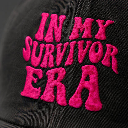 Personalized In My Survivor Era Pink Ribbon Embroidered Washed Cap, Awareness Gift