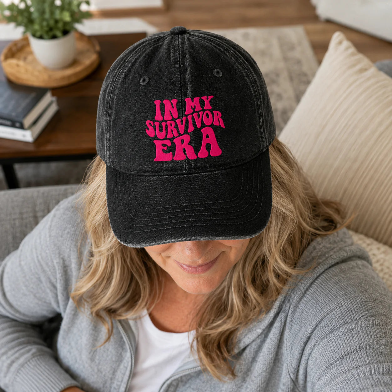 Personalized In My Survivor Era Pink Ribbon Embroidered Washed Cap, Awareness Gift