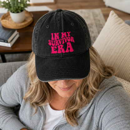 Personalized In My Survivor Era Pink Ribbon Embroidered Washed Cap, Awareness Gift
