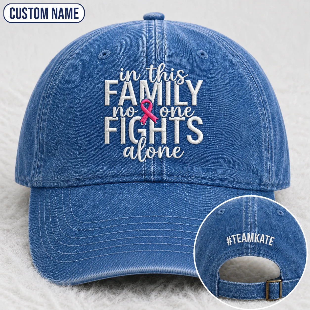Personalized In This Family No One Fights Alone Pink Ribbon Embroidered Washed Cap, Awareness Gift