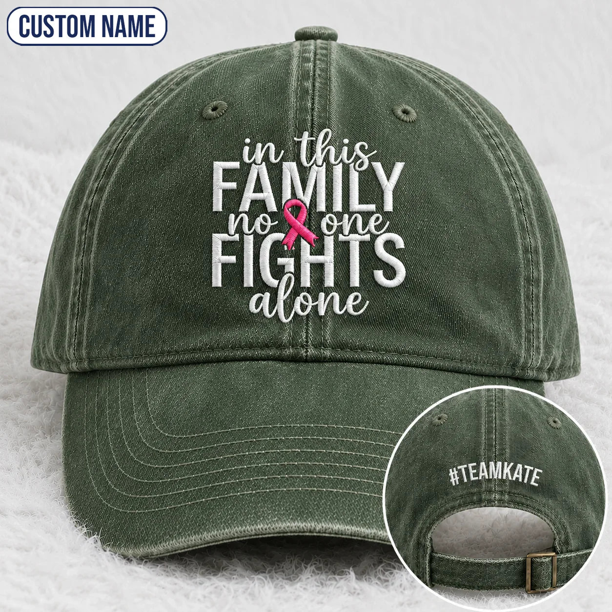 Personalized In This Family No One Fights Alone Pink Ribbon Embroidered Washed Cap, Awareness Gift