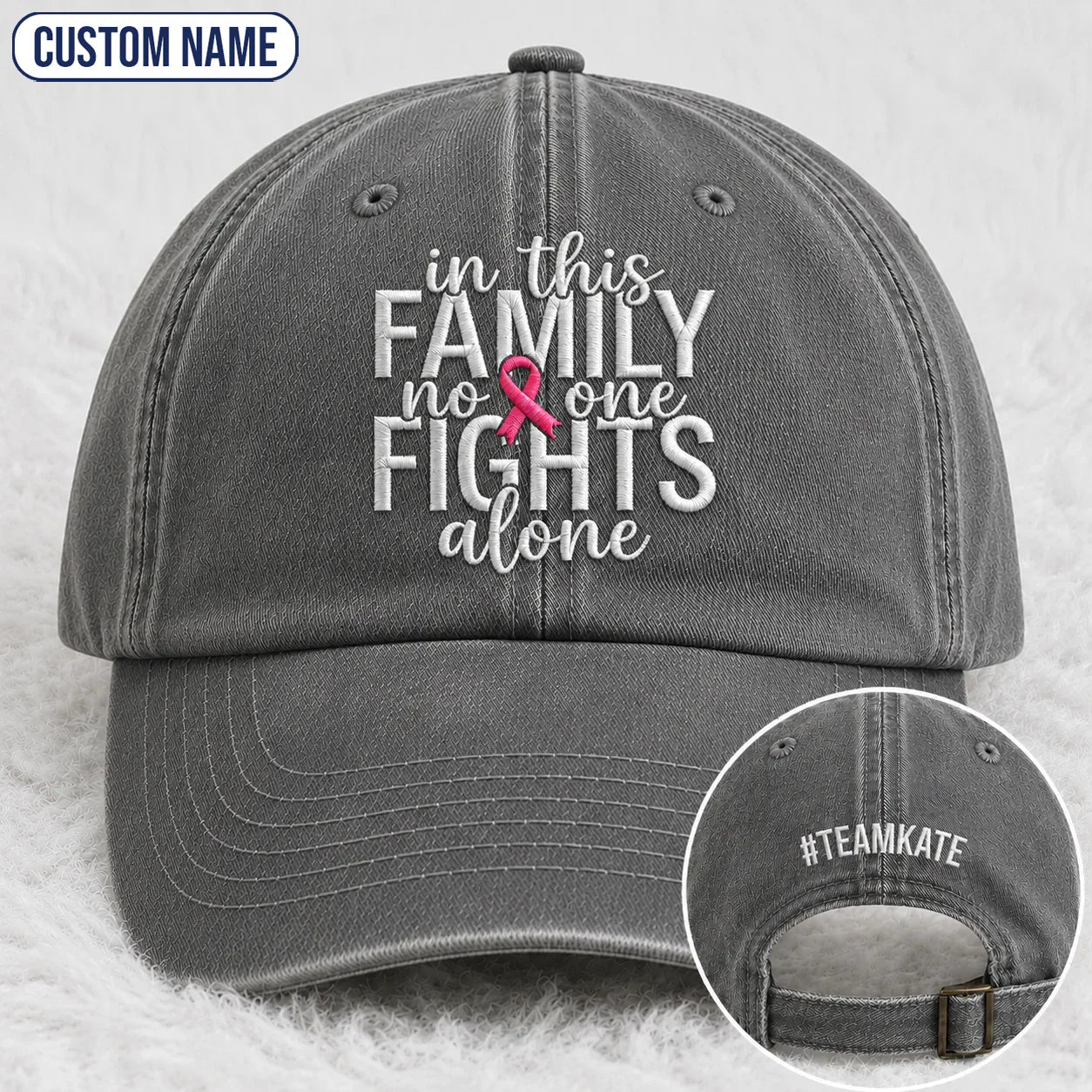 Personalized In This Family No One Fights Alone Pink Ribbon Embroidered Washed Cap, Awareness Gift