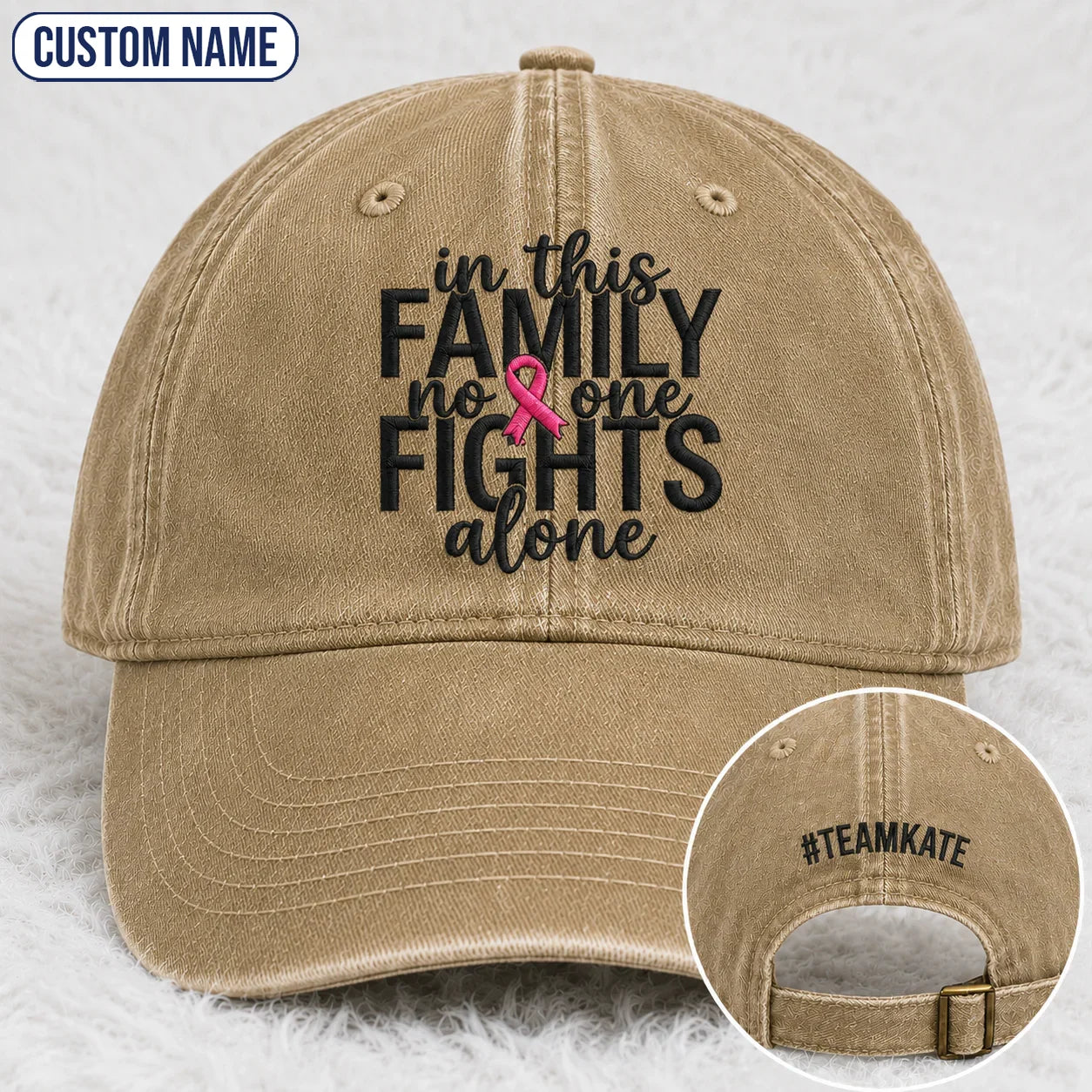 Personalized In This Family No One Fights Alone Pink Ribbon Embroidered Washed Cap, Awareness Gift