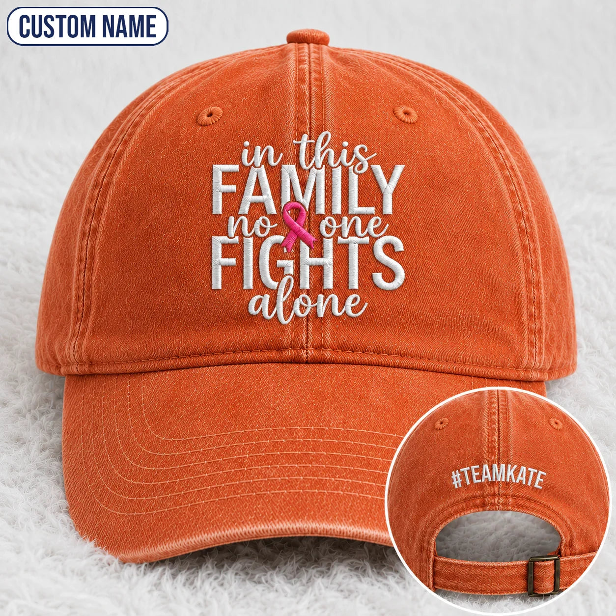 Personalized In This Family No One Fights Alone Pink Ribbon Embroidered Washed Cap, Awareness Gift