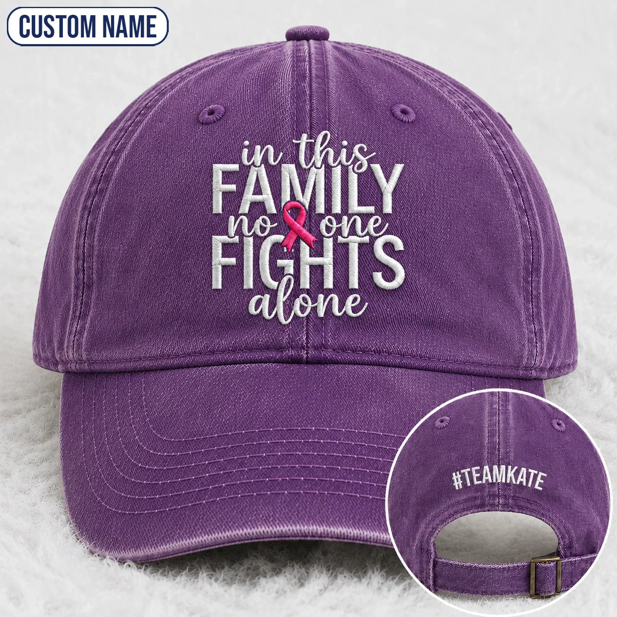 Personalized In This Family No One Fights Alone Pink Ribbon Embroidered Washed Cap, Awareness Gift