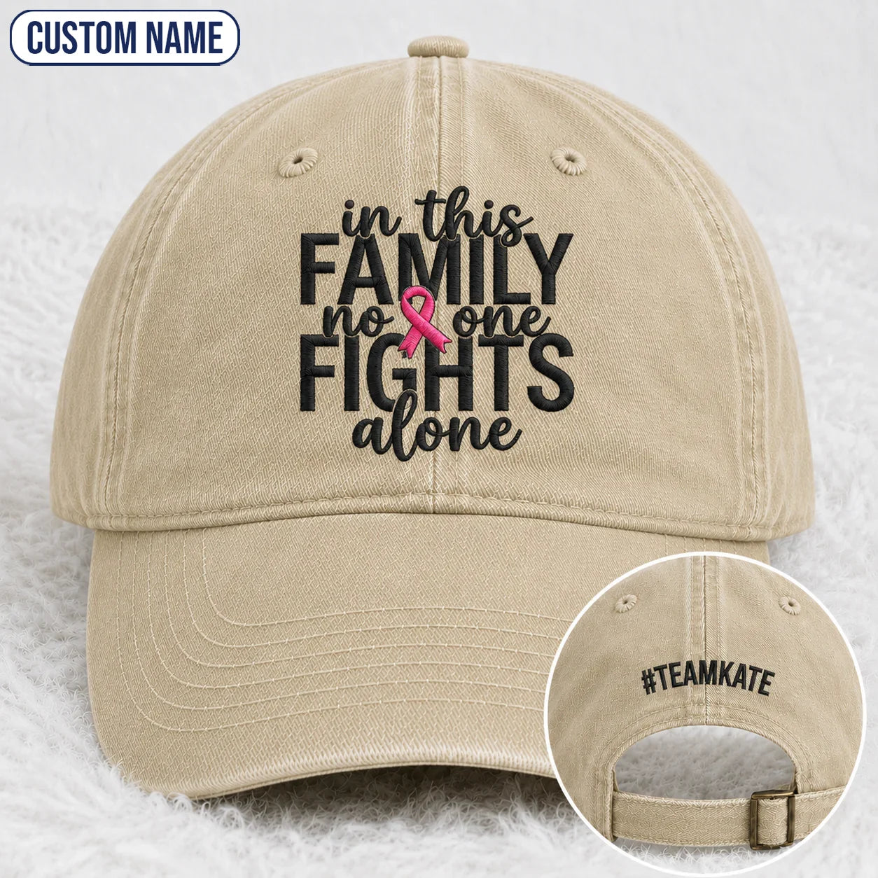 Personalized In This Family No One Fights Alone Pink Ribbon Embroidered Washed Cap, Awareness Gift