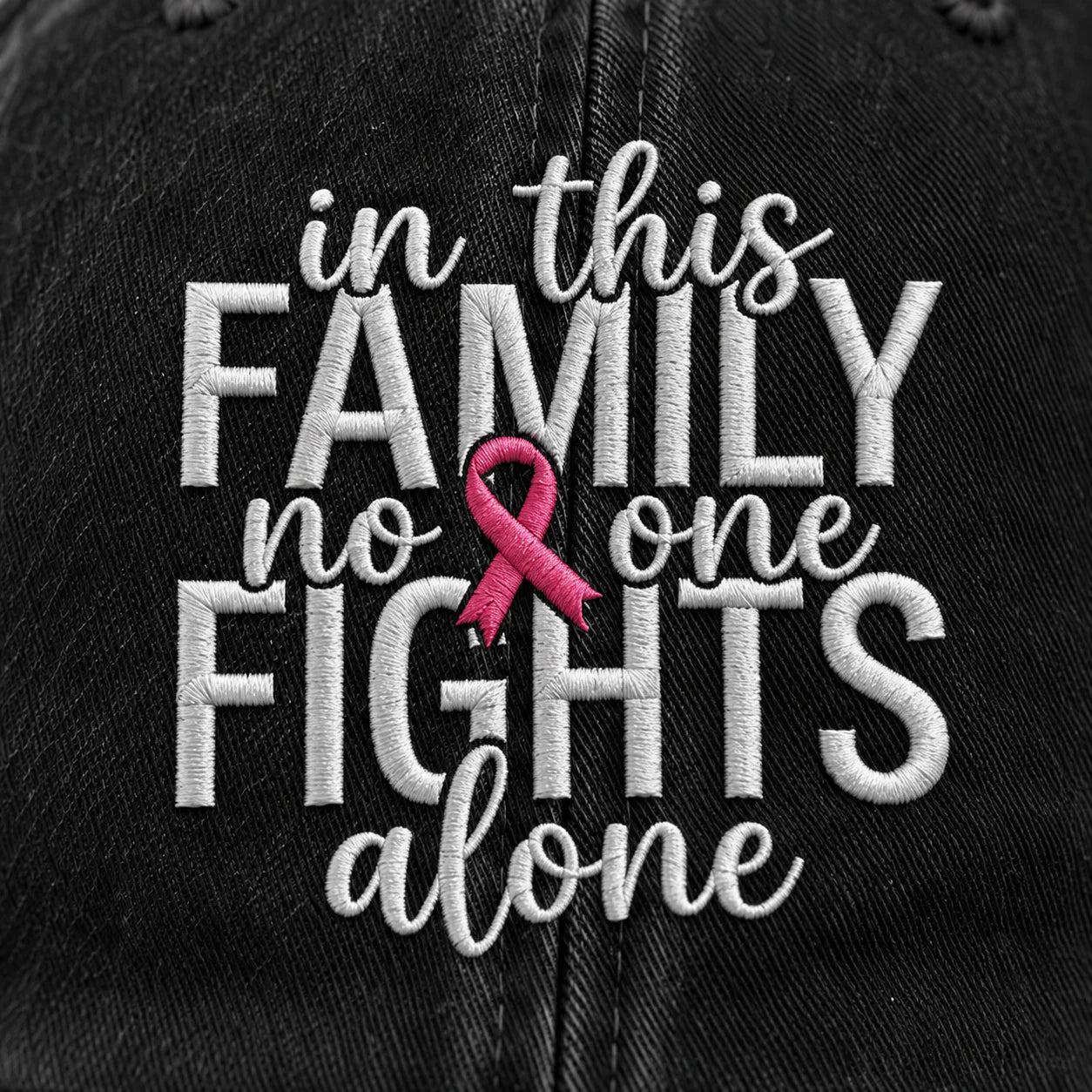 Personalized In This Family No One Fights Alone Pink Ribbon Embroidered Washed Cap, Awareness Gift