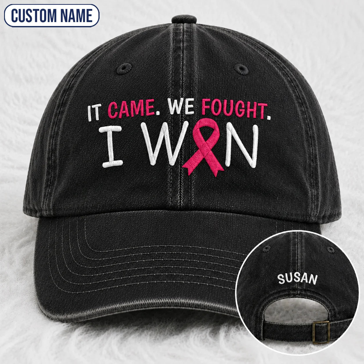 Personalized It Came We Fought I Won Pink Ribbon Embroidered Washed Cap, Awareness Gift